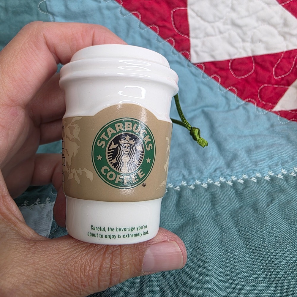 Starbucks Coffee 2008 Holiday Cup Ceramic Ornament White Green Brown 3 Inch